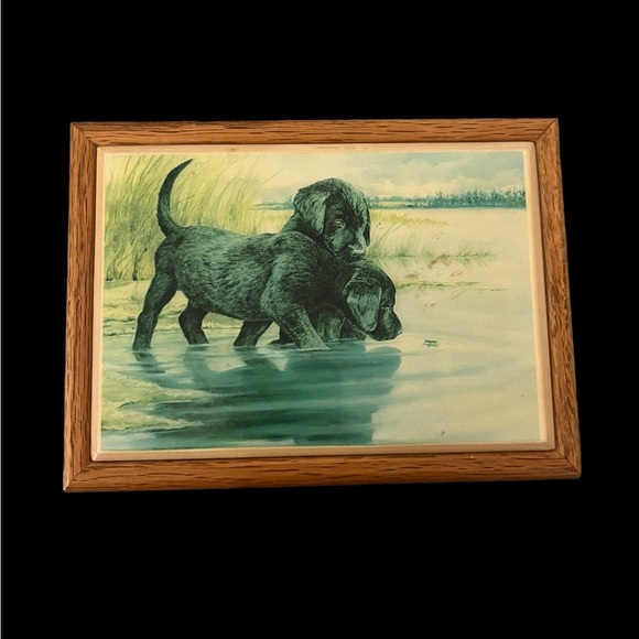 VTG Kimberly Graphic Art Tile Black Labrador Retrievers Wood Trinket Jewelry Box - Picture 1 of 11